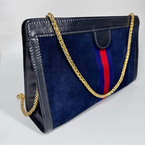 Gucci Vintage large Clutch crossbody bag Handbag Suede Leather navy blue - Picture 11 of 12